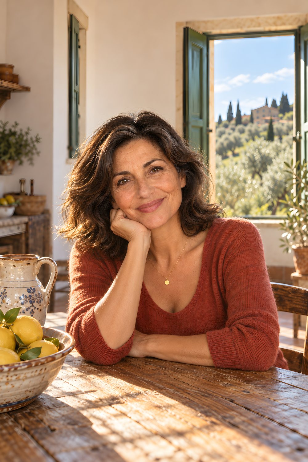 Lucia at a wooden table in a sunny Tuscan kitchen