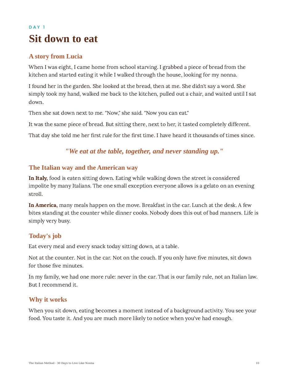 Inside page: Day 1, Sit down to eat